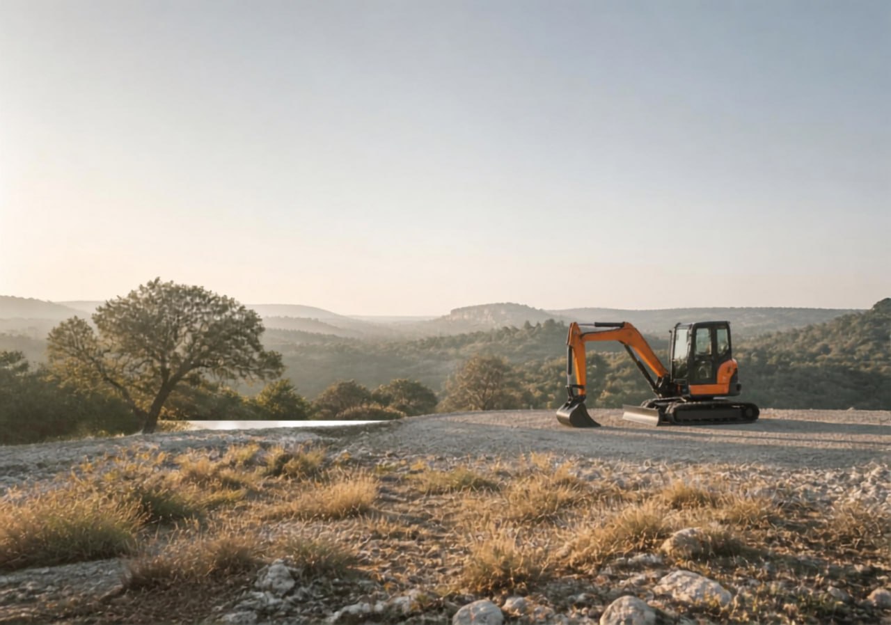 A&R Septic mini excavator on a prepared home site pad in the Texas Hill Country at dawn
