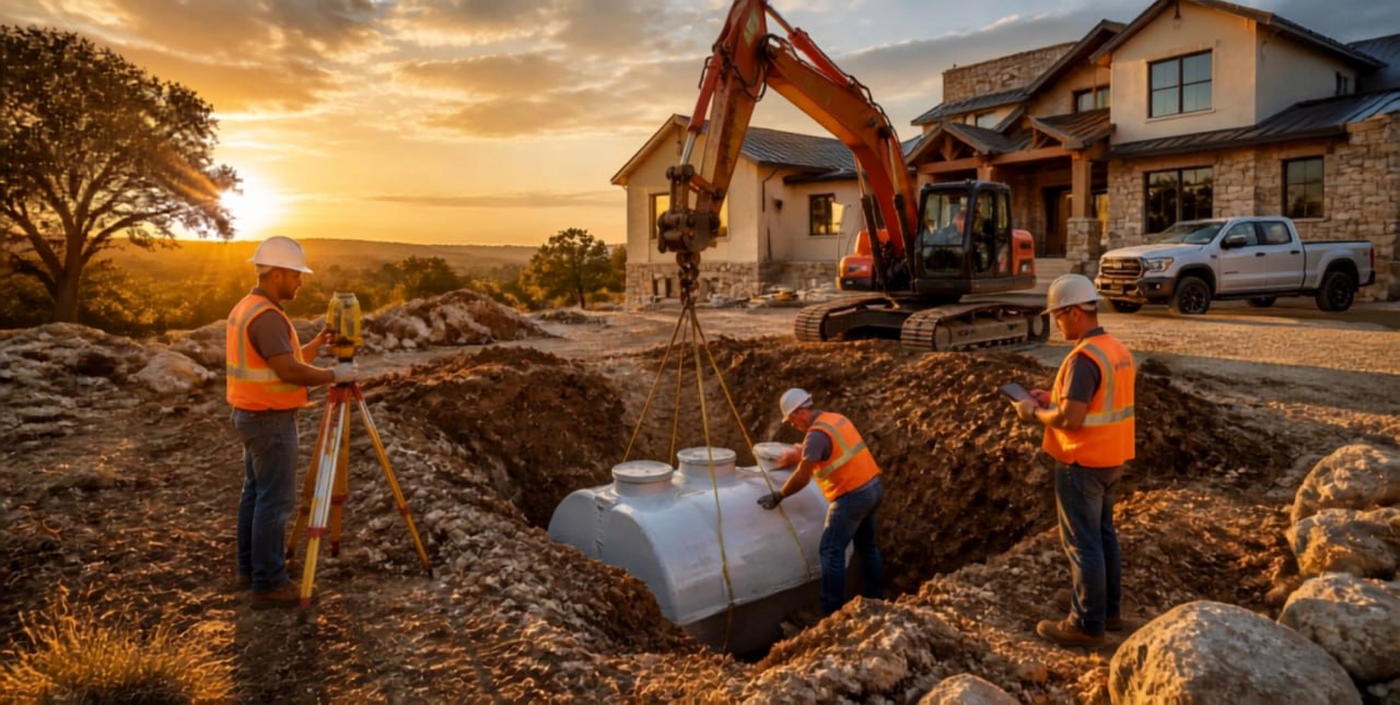 A&R Septic crew installing a septic tank at a Hill Country home site at sunset